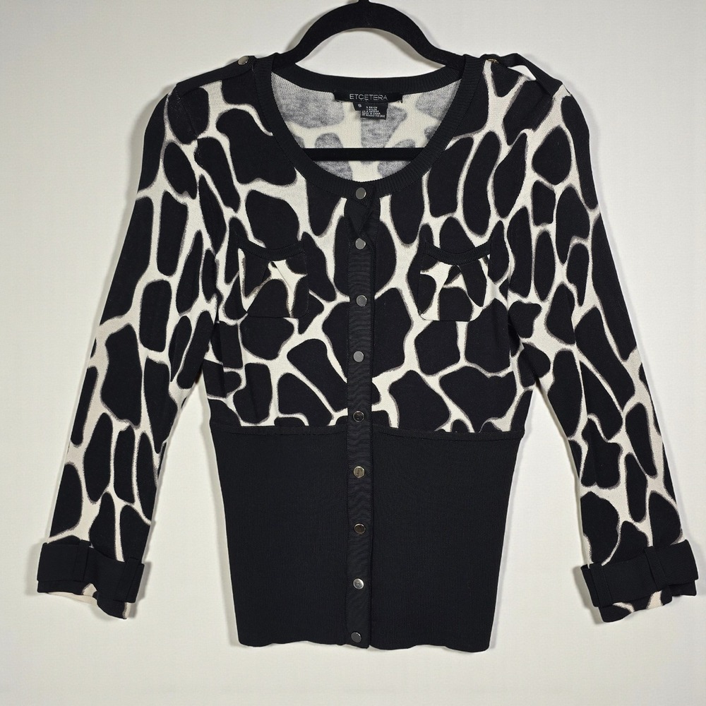 ETCETERA Cardigan‎ Sweater Woman Small Black White Giraffe Print Button Down LS